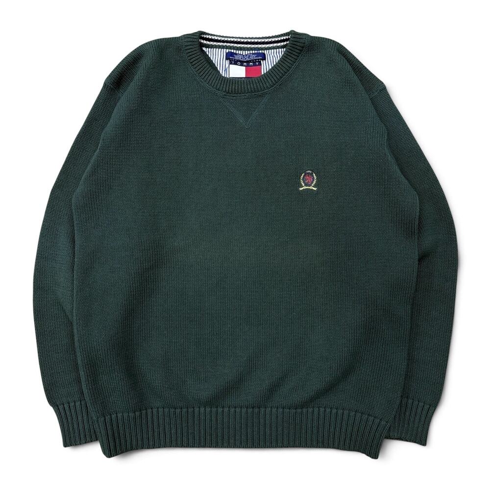 Vintage Tommy Hilfiger Crest Sweater Green Cotton Crewneck Medium 90s Preppy M